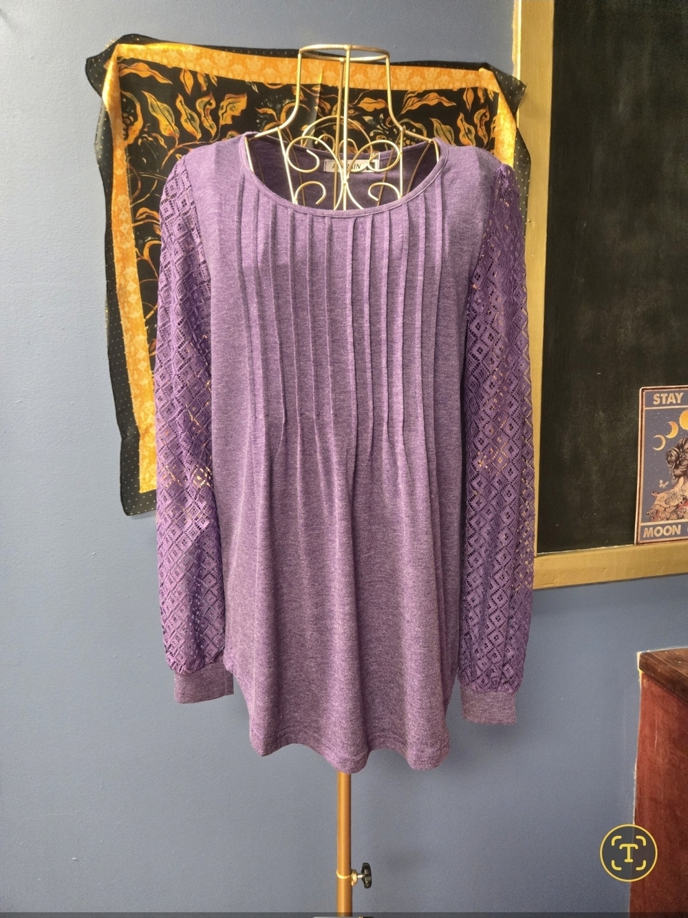Purple Knit Long Sleeve Top with Lace Sleeves NWOT